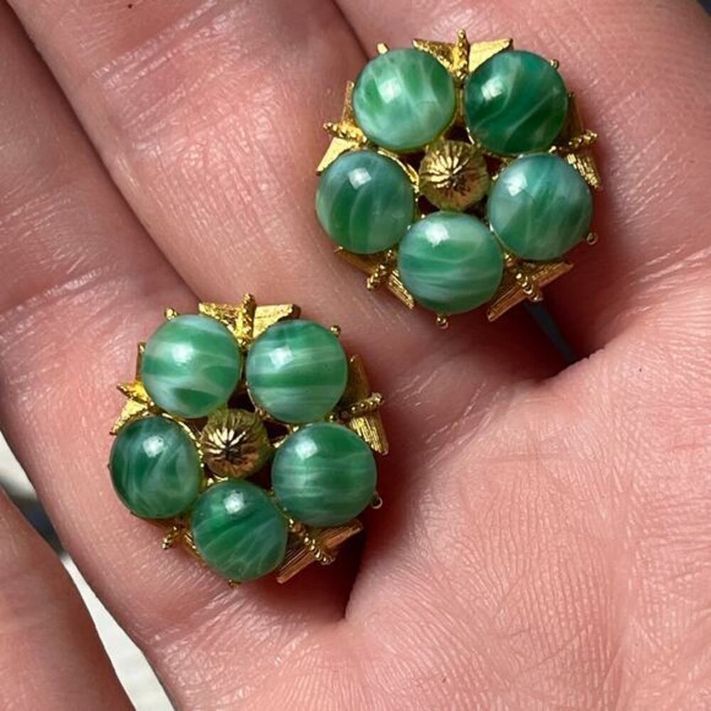 Vintage Dainty Gold Tone Flower Earrings with Green Stones